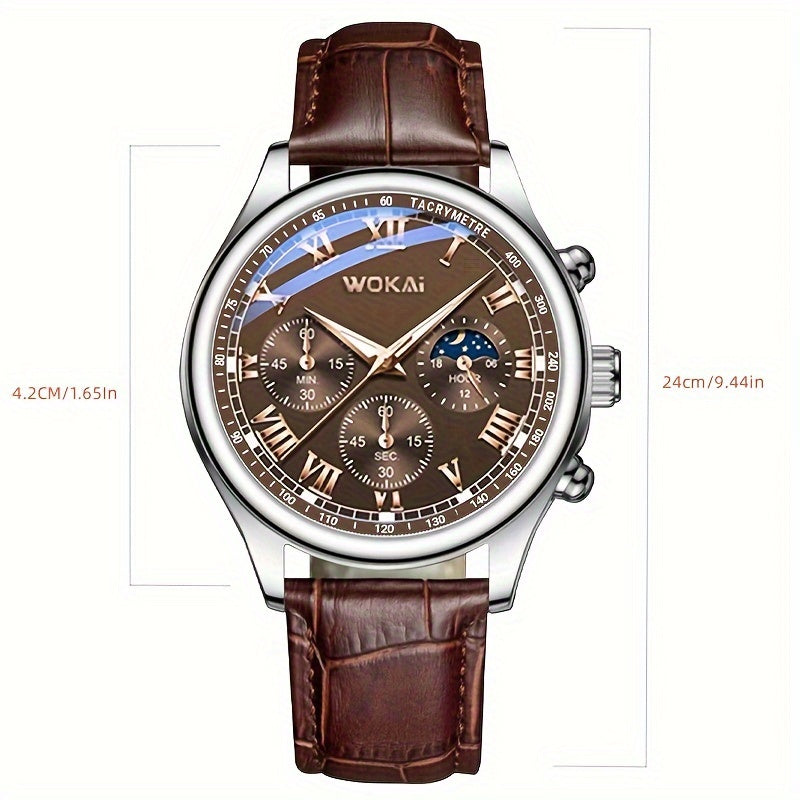 Men's Quartz Watch Faux Leather Strap Round Dial Business Wristwatch