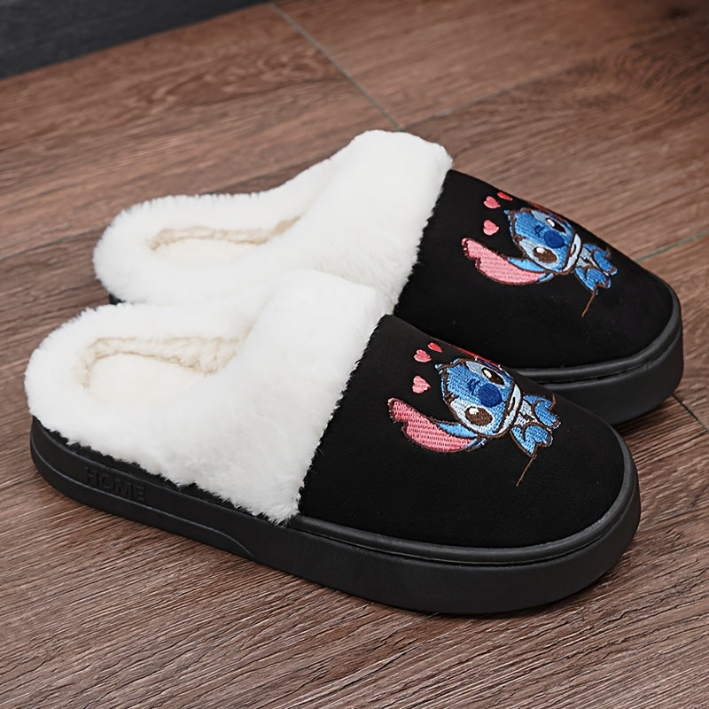 Мужские и женские флисовые тапочки с мультяшной строчкой, вышитые, нескользящие, для дома и улицы