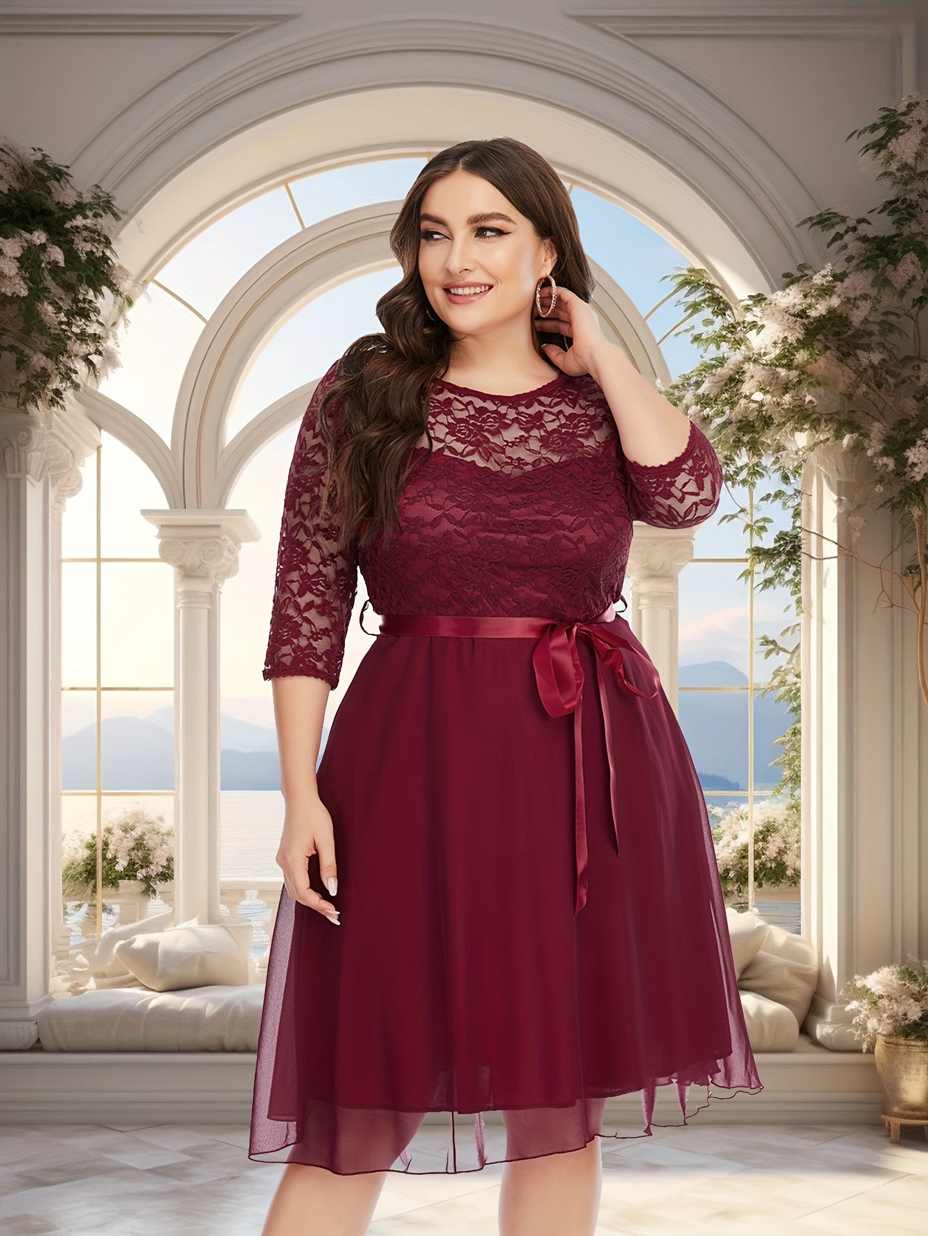 Plus Size Lace Tulle Wedding Dress A-Line Short Sleeve Maroon Formal Gown