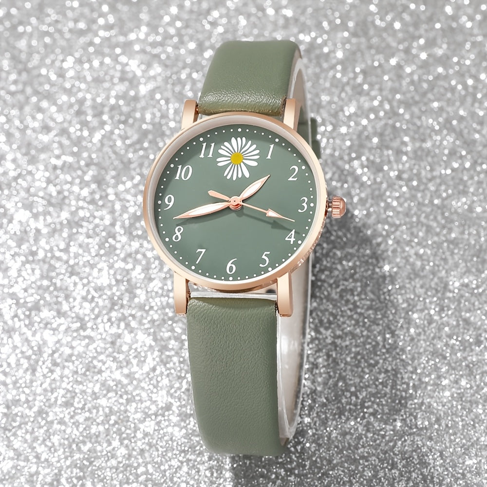Conjunto de reloj de cuarzo Daisy Flower para mujer con reloj de cuero y pulsera