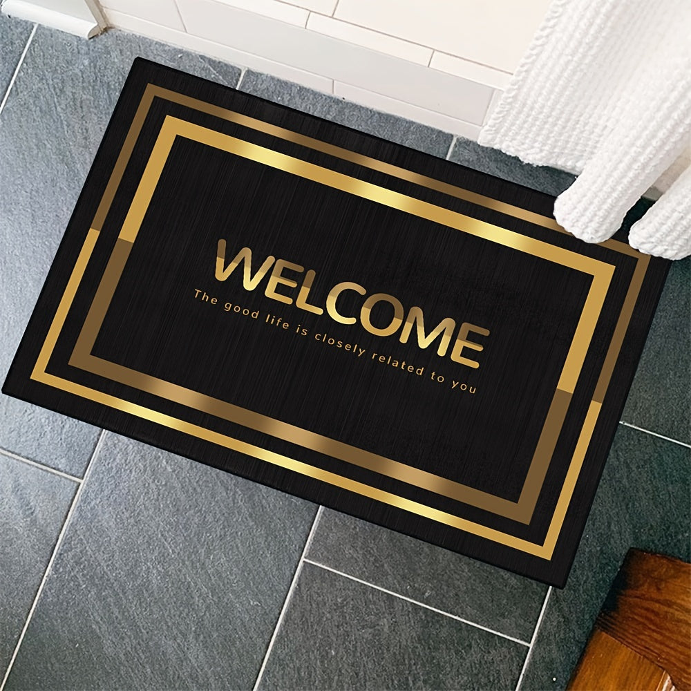 Black and Gold Welcome Door Mat Non-Slip Machine Washable Polyester