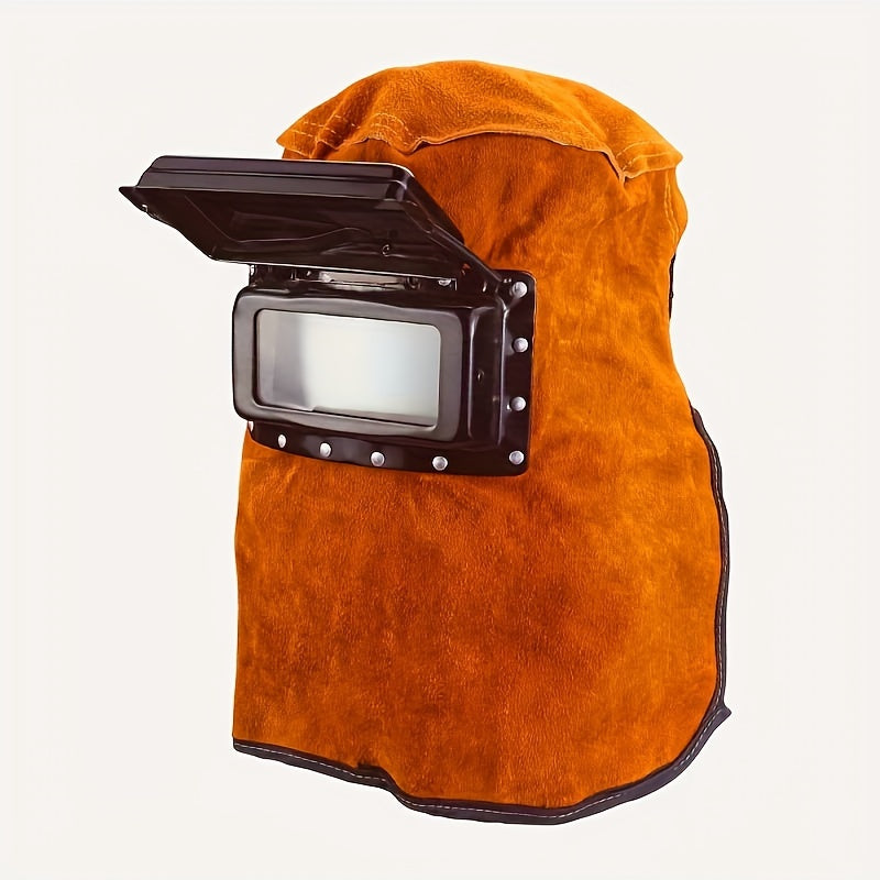 Sanoat foydalanishi uchun avtomatik qoraytiriladigan filtr linzasi, sun'iy charm kapyushon va shaffof ko'rish oynasi bilan apelsin rangli payvandlash shlemi.