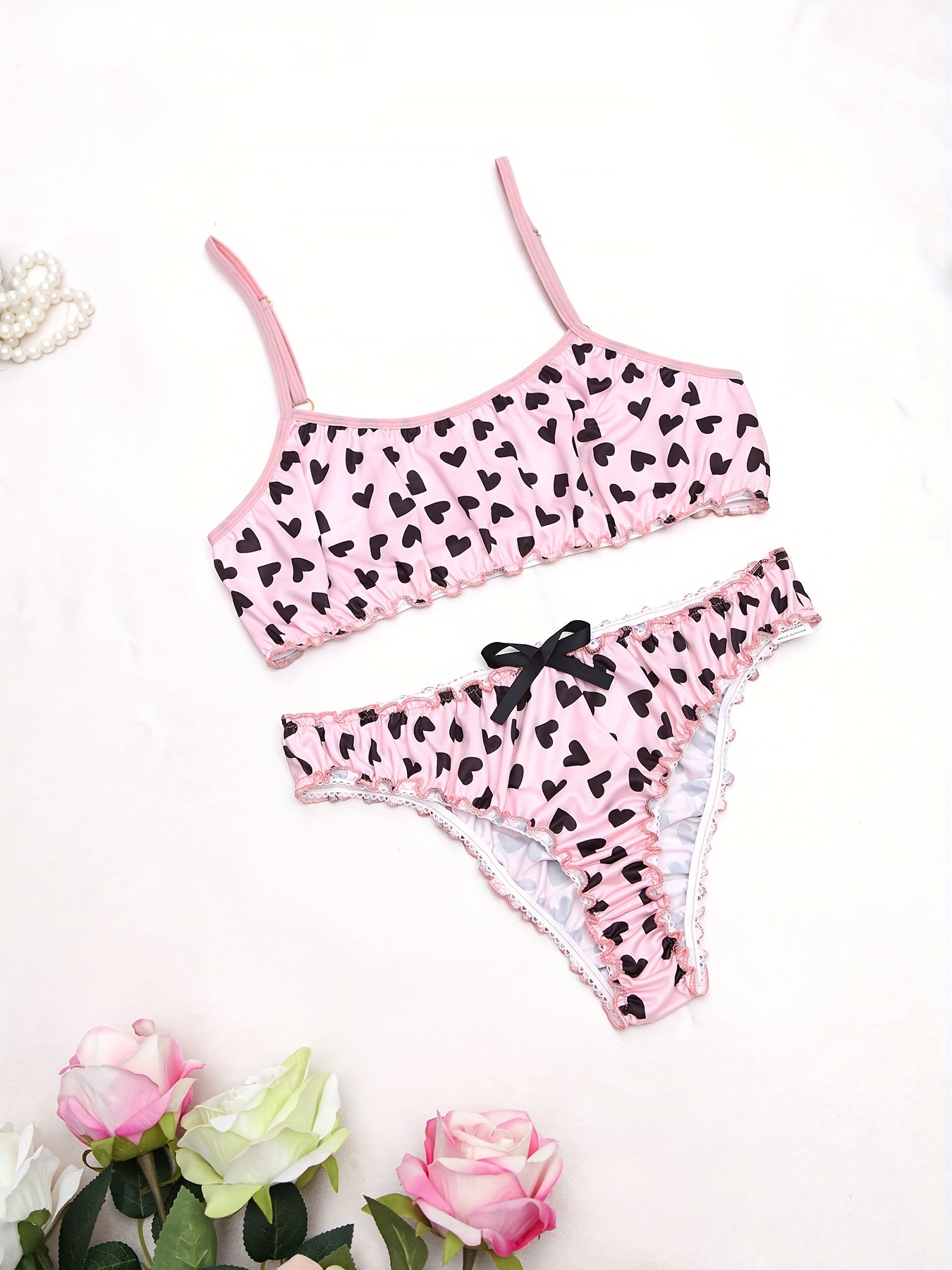 Women's Heart Pattern Lace Lingerie Set with Adjustable Straps