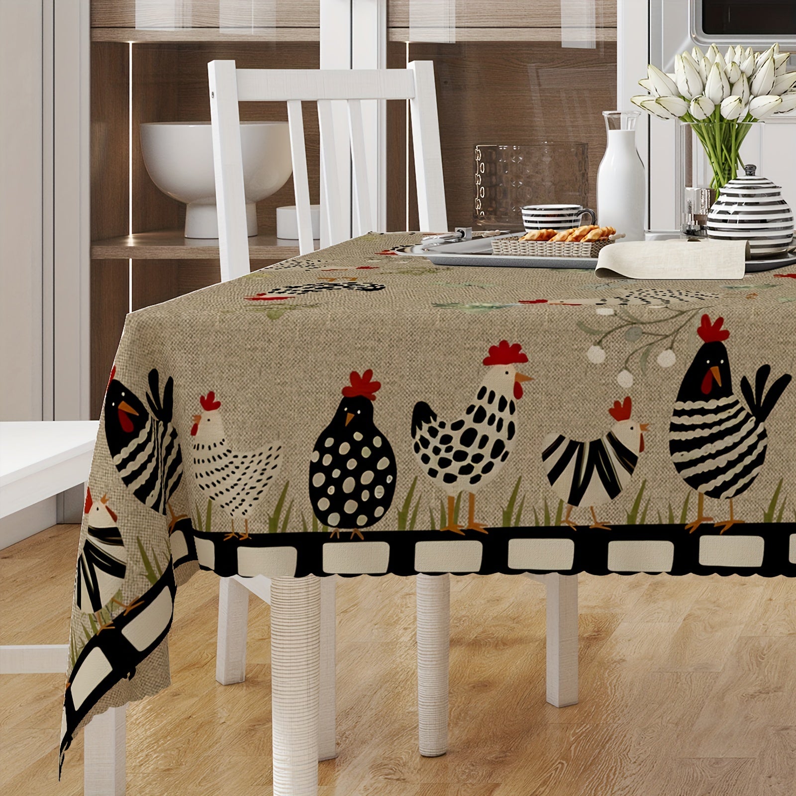 Rustic Farmhouse Style Table Cover with Rooster Pattern Stain Resistant Non-slip Wrinkle Resistant