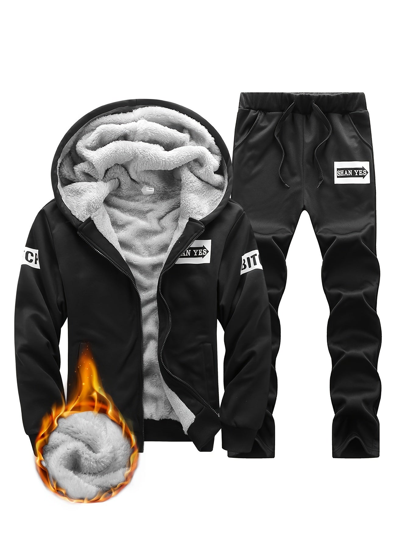 Men's Winter Fleece-Lined Hooded Jacket and Joggers Set Polyester Casual Warm Athletic