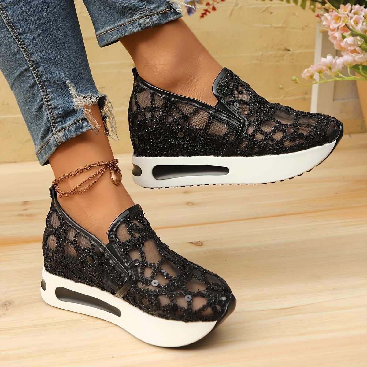 Women's Black Mesh Slip-On Sneakers with Cushioned Sole and Side Zipper