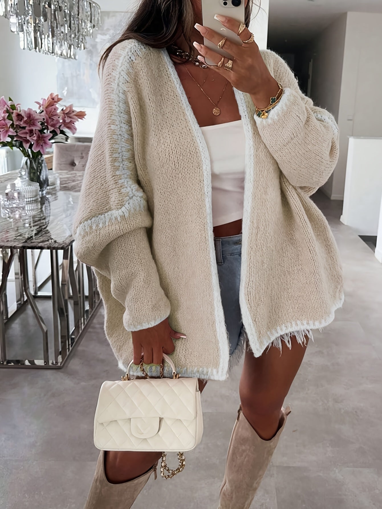 Plus Size Womens Knit Cardigan Polyester Blend Collarless Cozy Fall Winter