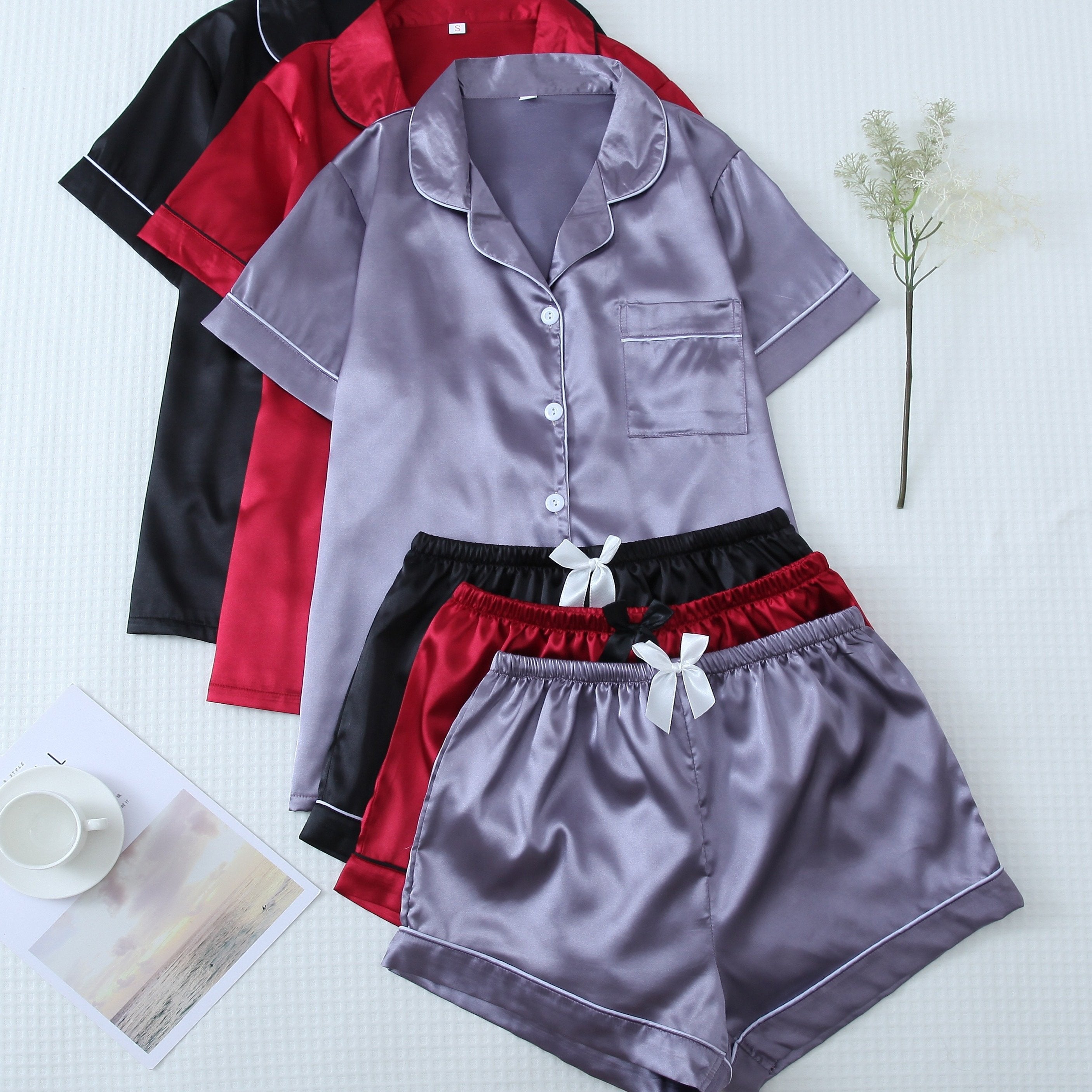 Women's Satin Pajama Set Three-Piece Solid Color Casual All-Season