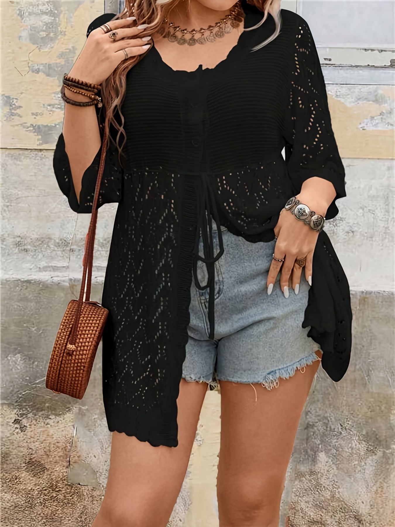 Plus Size Women's Lace Trim V-Neck Cardigan Lightweight Geometric Semi-Sheer Casual Jacket