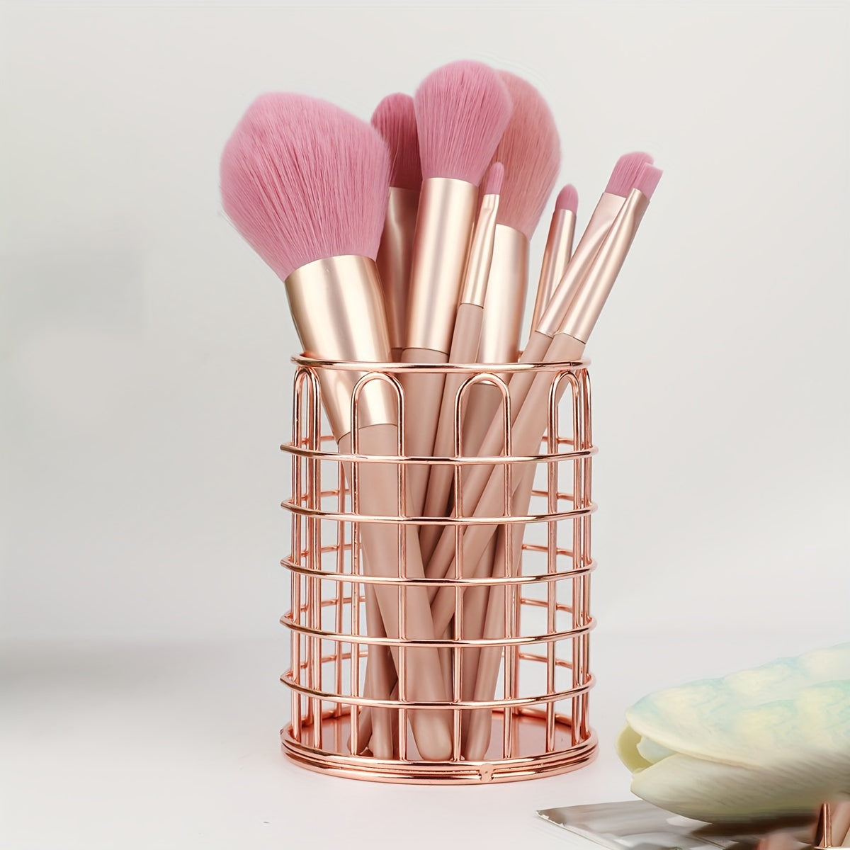 Golden Iron Makeup Brush Holder Rust Resistant Polished Finish Desktop Organizer