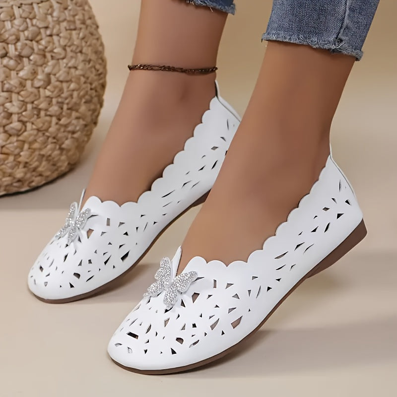 Zapatos planos para mujer para todas las estaciones con detalle de mariposa de diamantes y diseño de puntera redonda con orificio