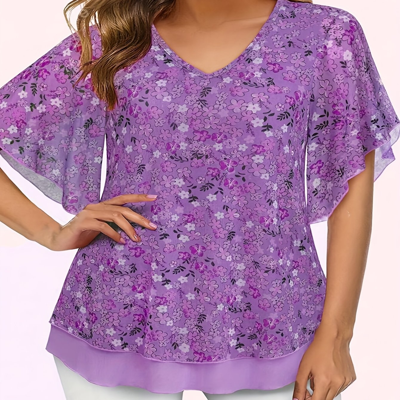 Plus-Size Floral Mesh V-Neck Shirt for Curvy Women Flutter Sleeves