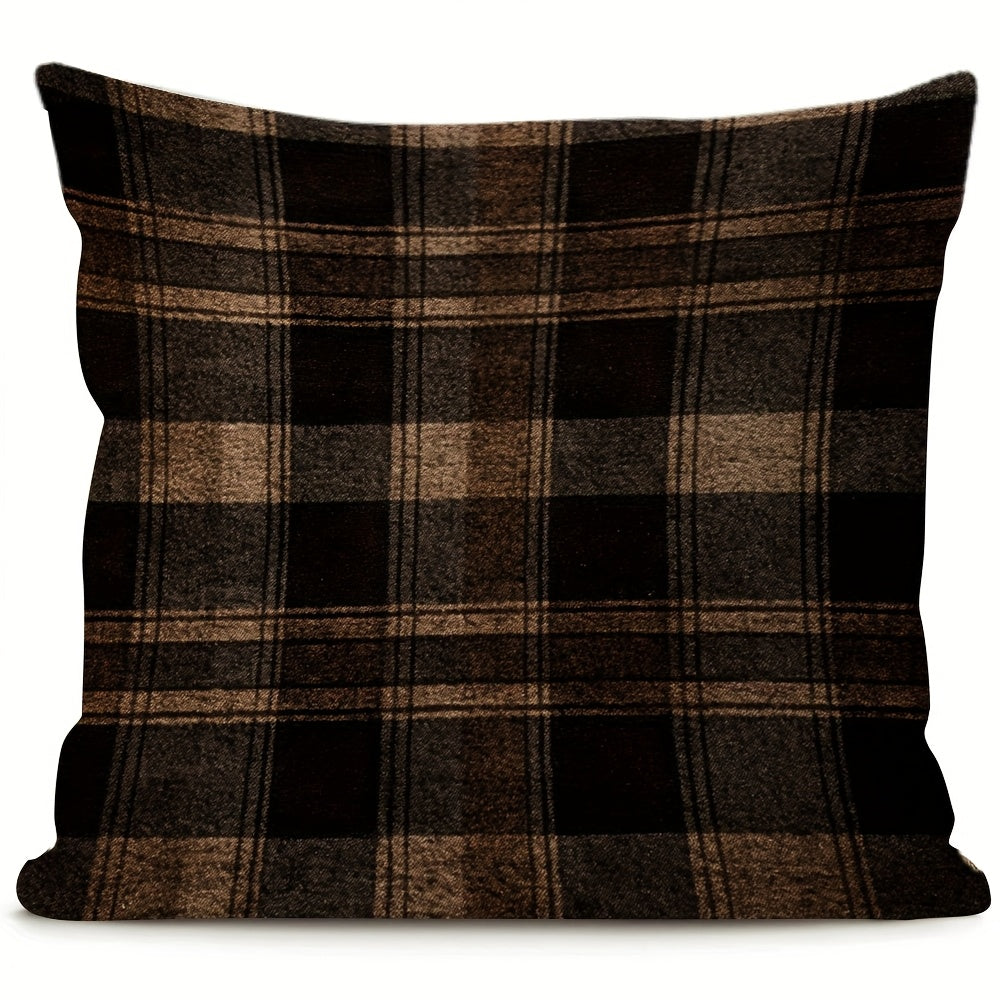 Dark Brown Plaid Pillow Cover with Hidden Zipper Polyester Fabric for Sofa and Chair