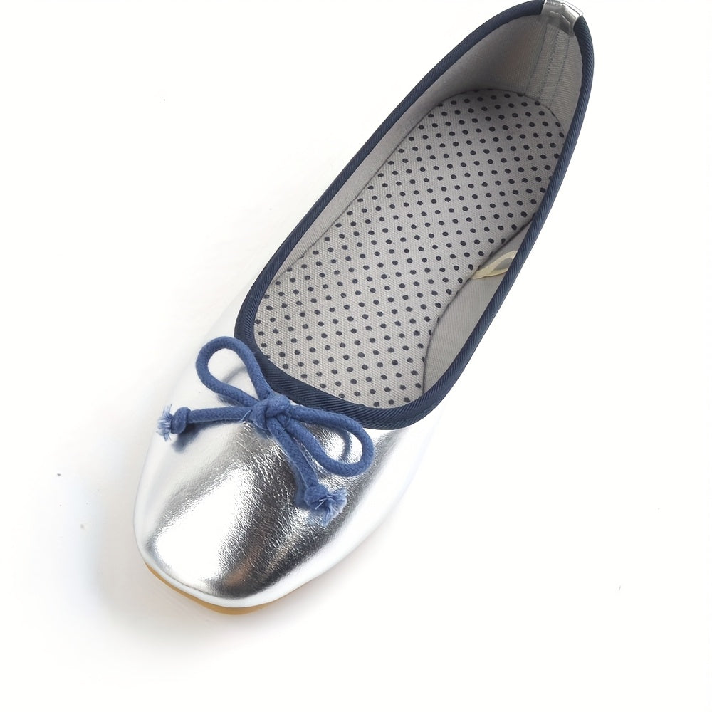 Ayollar uchun Slip-On balet tuflisi, bog‘ichli, yumshoq taglik, PU qoplamali, dumaloq burchakli toe