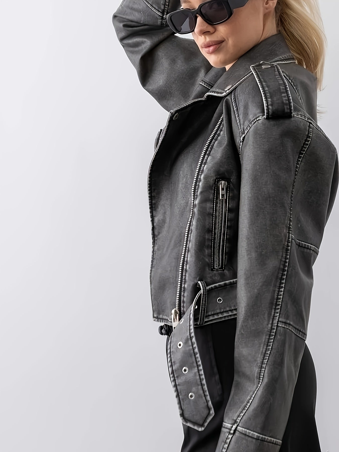 Women's Gray PU Leather Motorcycle Jacket with Adjustable Waist Belt for Spring and Fall