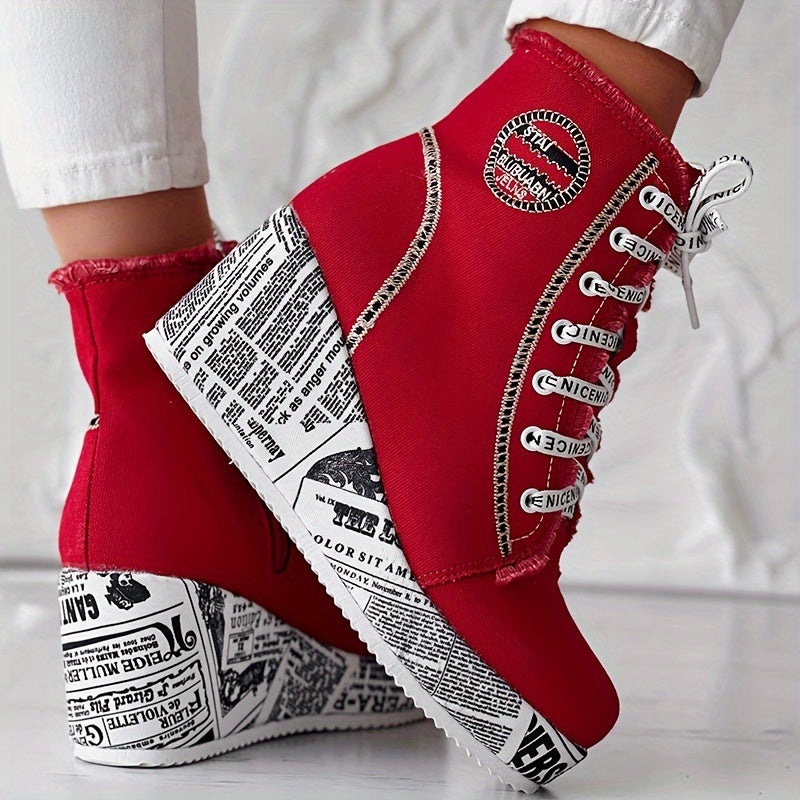 Women’s Solid Denim Lace-Up Platform Boots with Wedge Heel and Round Toe