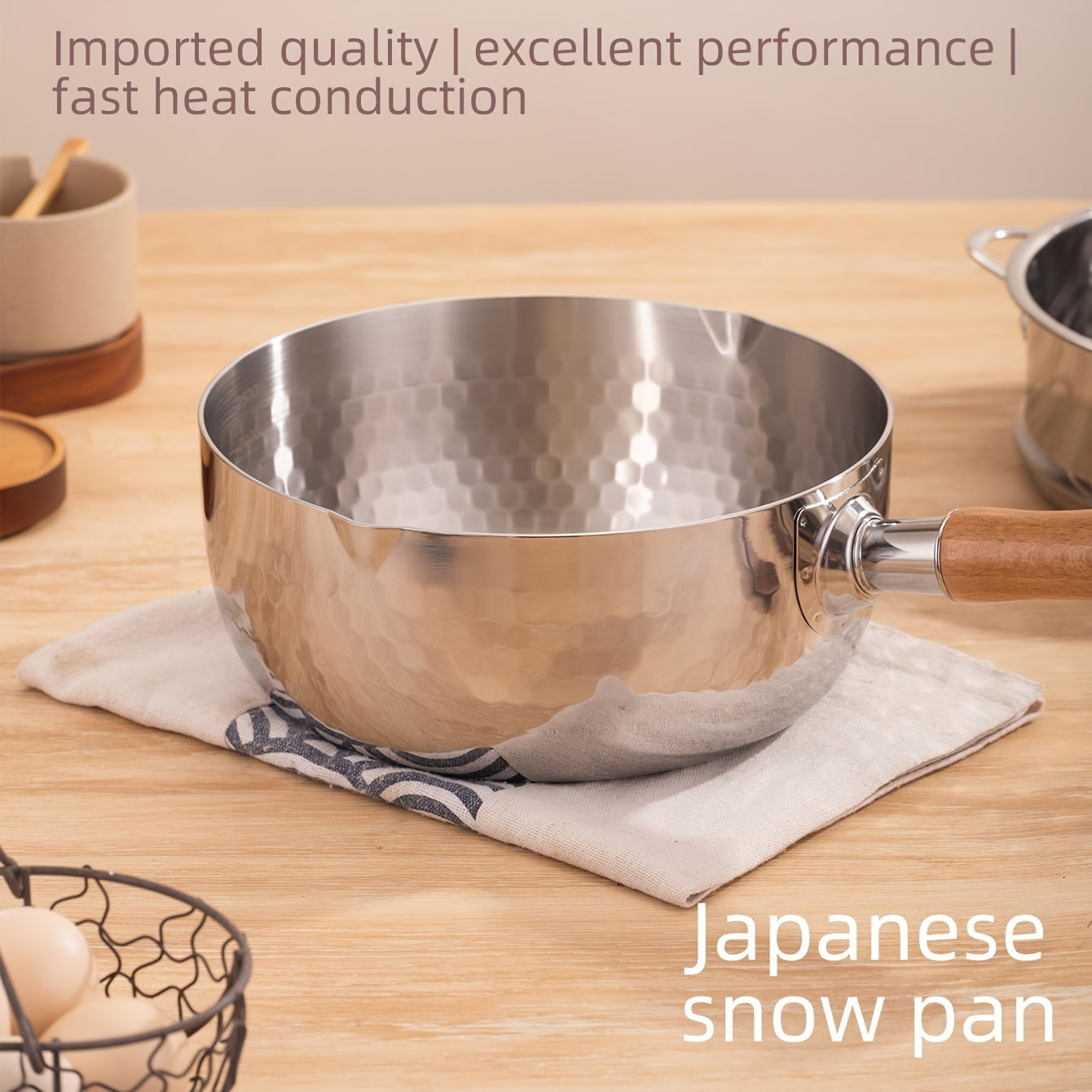 Small Stainless Steel Soup Pot 304 Brushed Finish Induction Compatible Wooden Handle