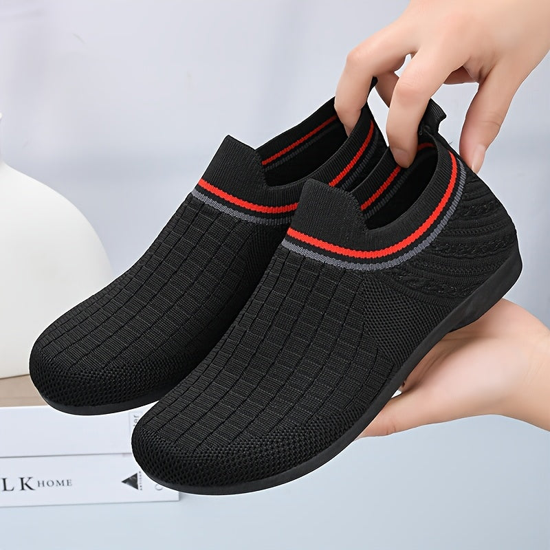 Women's Lightweight Knit Slip-On Sneakers Breathable Black Shoes with Red Gray Accents