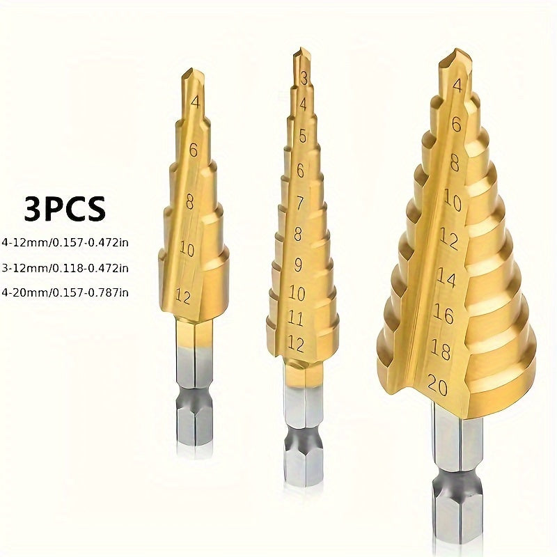 3-Piece Titanium-Coated HSS Step Drill Bit Set for Wood Metal