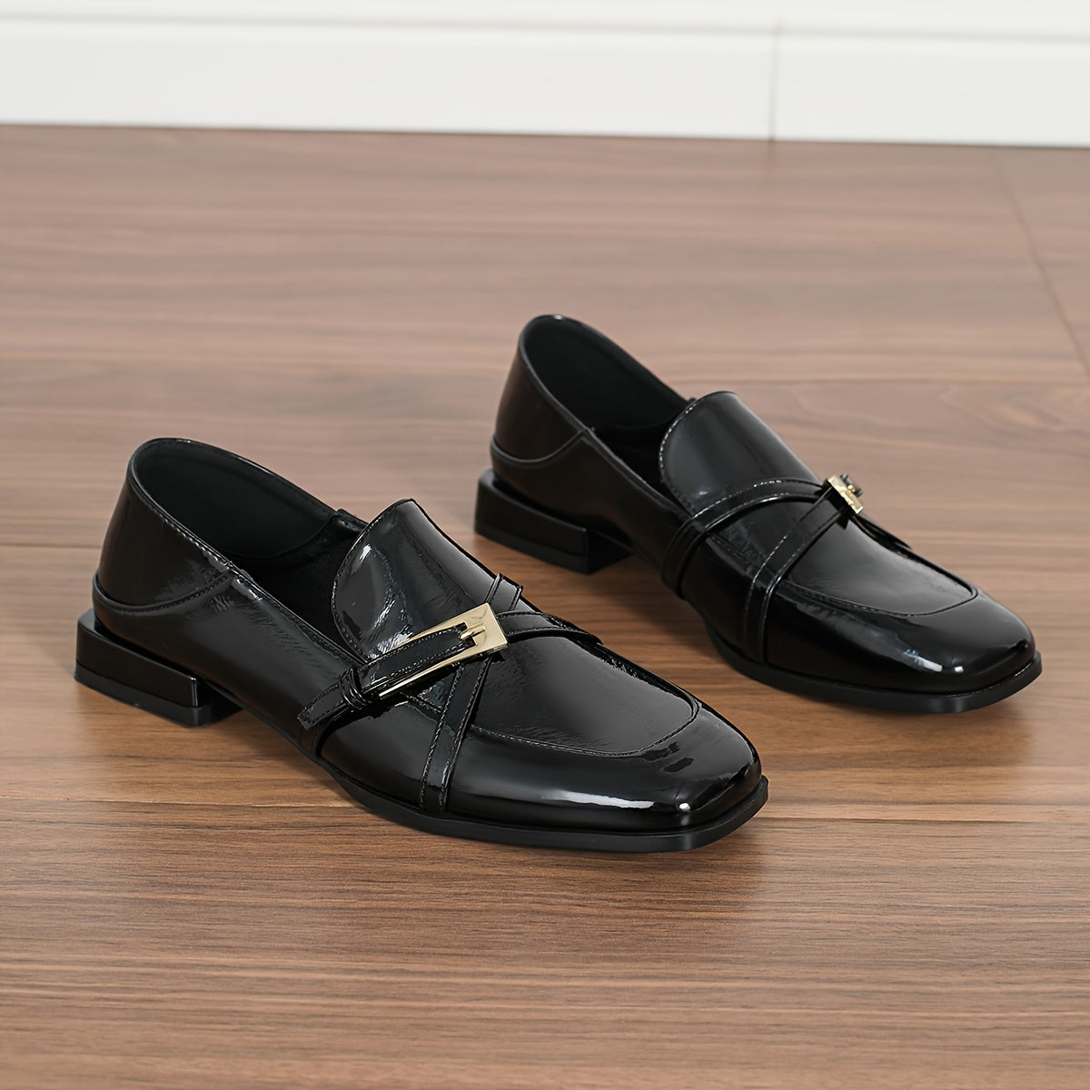 Women's Square Toe Loafers With Ankle Strap Black Synthetic Low Heel