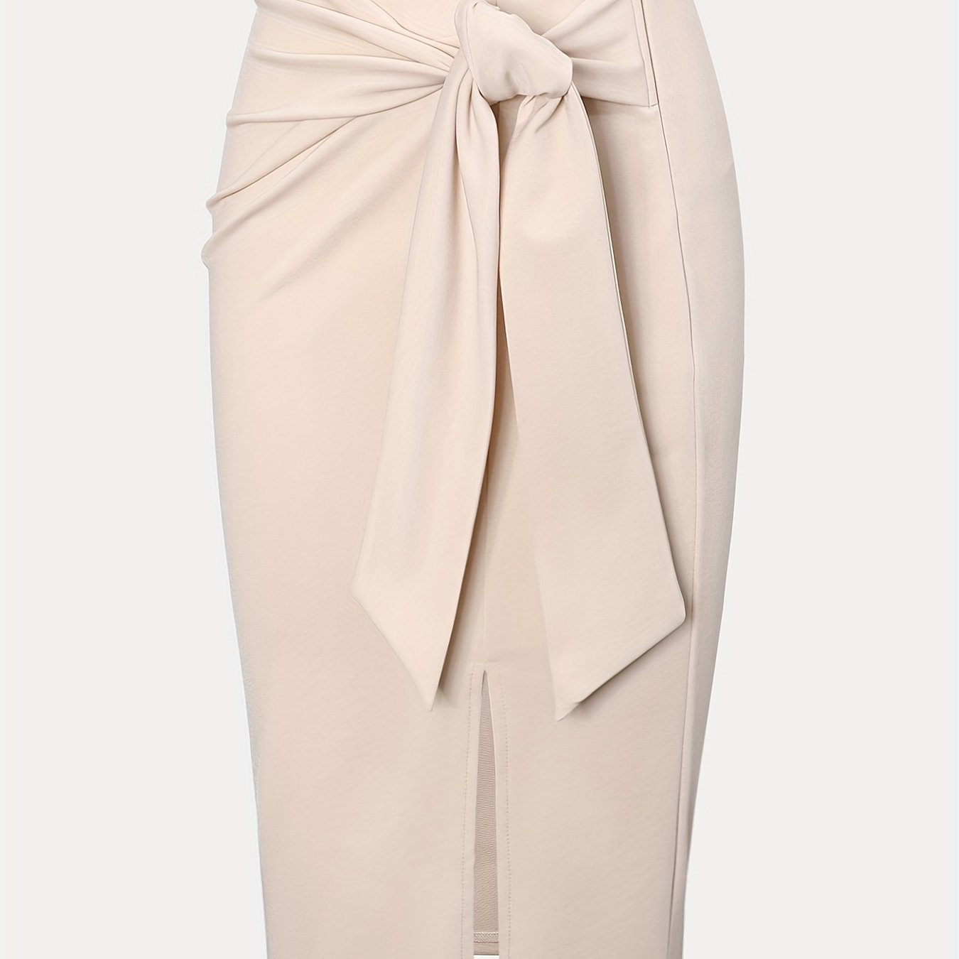Women's High-Waisted Knee-Length Skirt with Bow and Slit in Solid Color