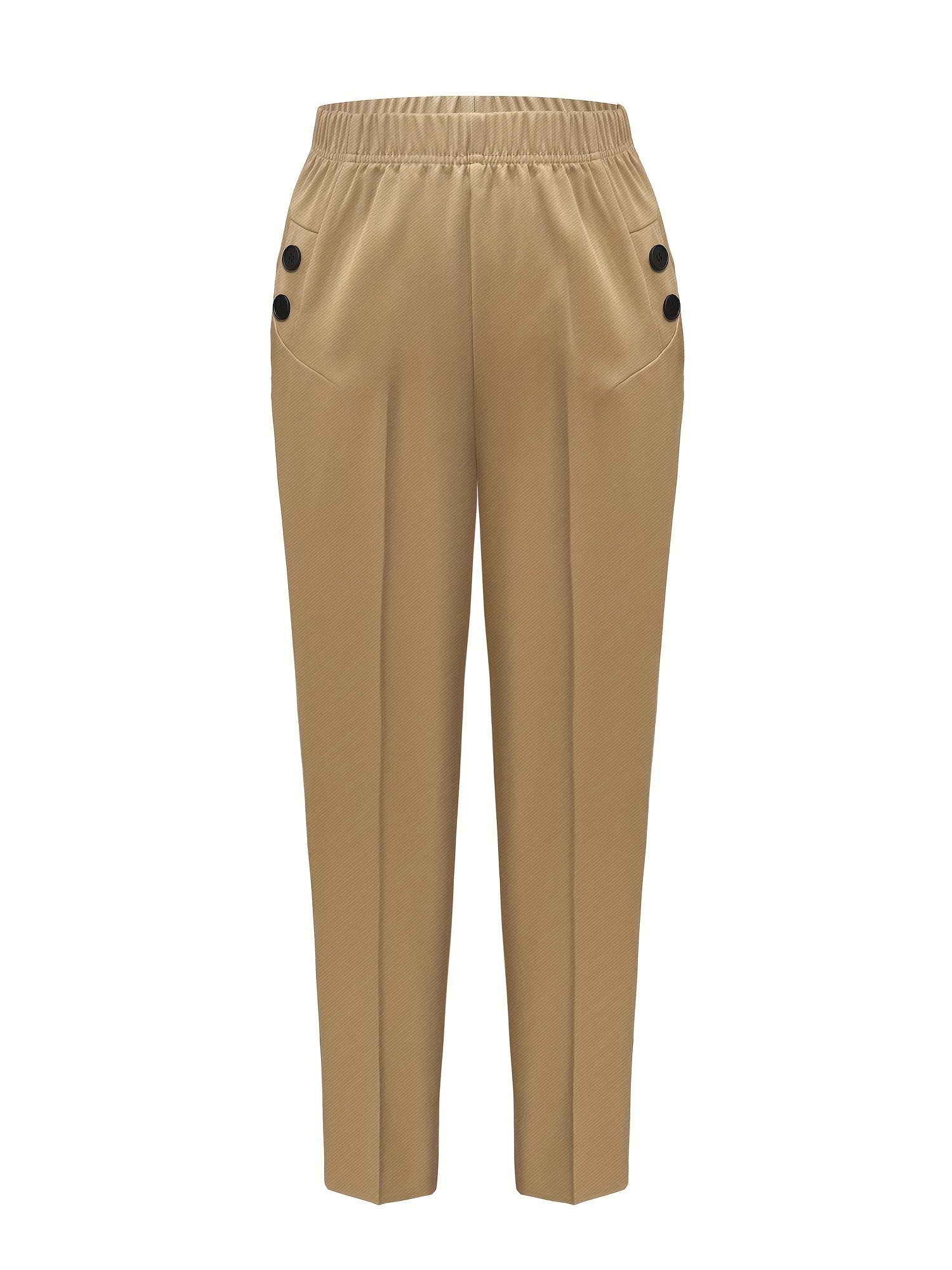 Women's Plaid Print Woven Trousers with Elastic Waist and Button Decor for Work