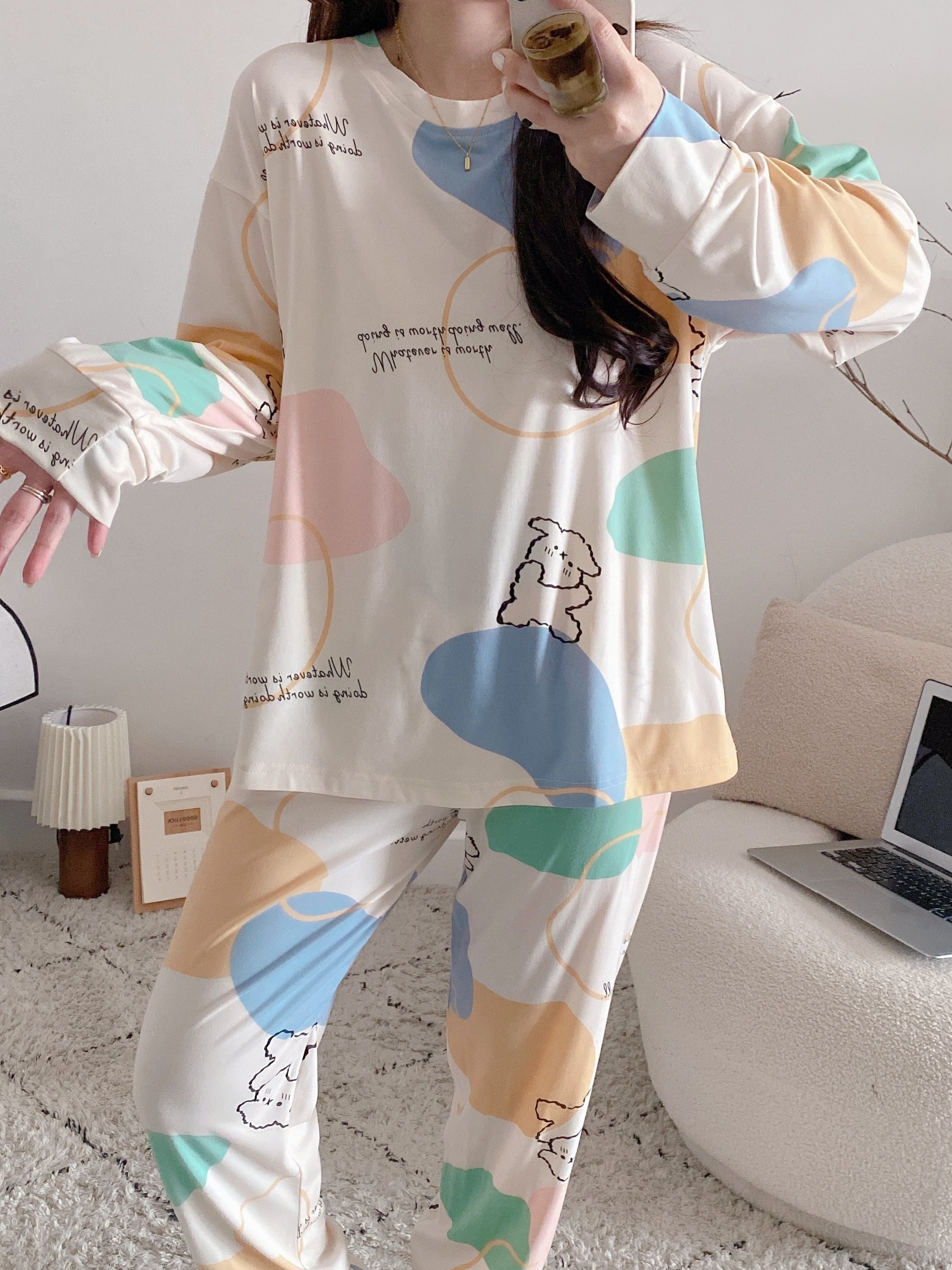 Women's Letter Print Pajama Set Long Sleeve Cozy Fall Lounge Sleepwear