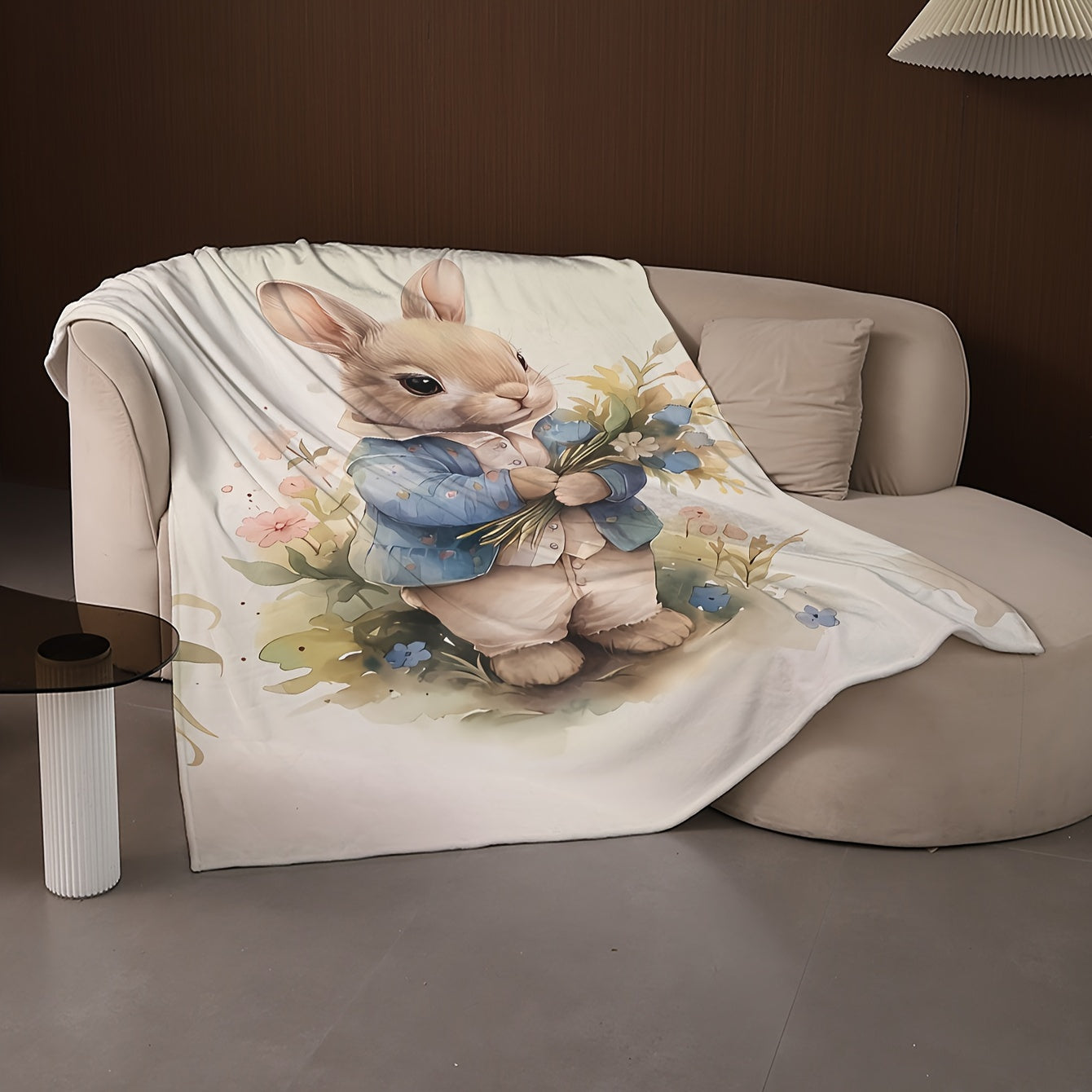 Cartoon Bunny Printed Blanket Soft Knit Polyester Coral Fleece Cozy Warm for Kids and Adults