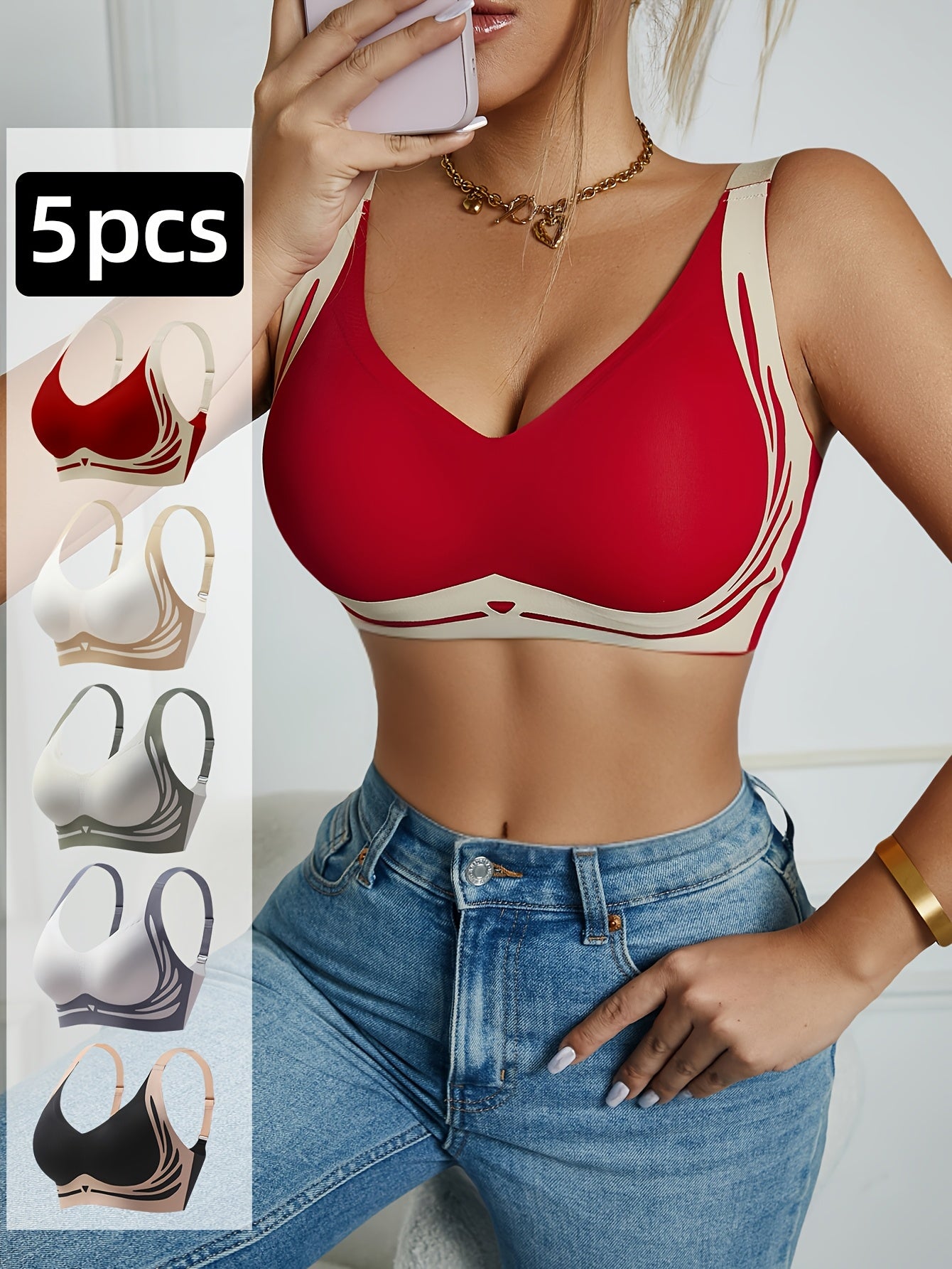 Women's Seamless High Support Bralettes 5-Pack V-Neck Breathable Colorblock