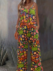Plus Size Floral Print Wide Leg Jumpsuit Sleeveless Casual Pockets Women