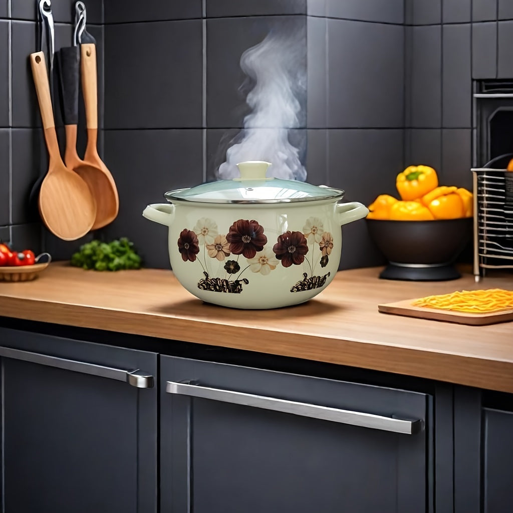 Enamel Fryer with Strainer Double-Ear Soup Pot High-Temperature Resistant for Stew and Cooking