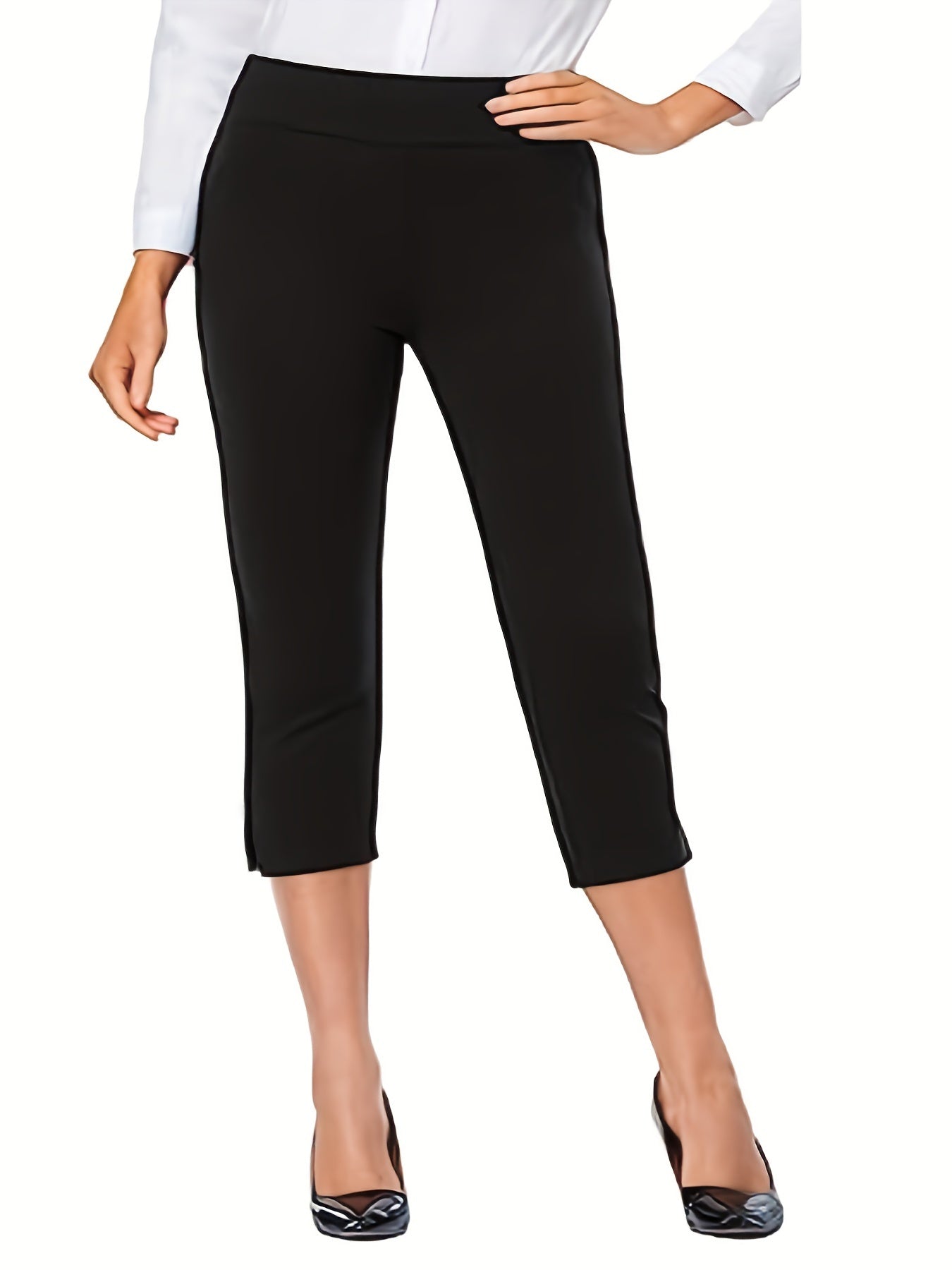 Pantalones capri de talla grande para mujer, de color sólido, de tiro alto y con elasticidad media