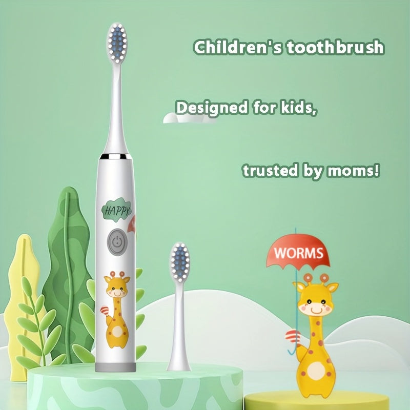 Kids Electric Toothbrush Blue White Giraffe Design Battery Powered for Ages 3-15