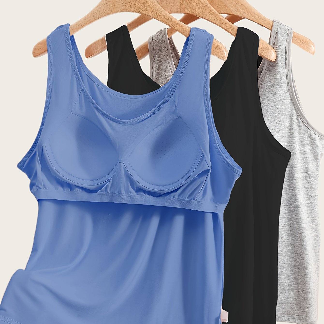 Women's Plus Size Soft Stretch Tank Tops with Built-In Bras Solid Color Pack of 3