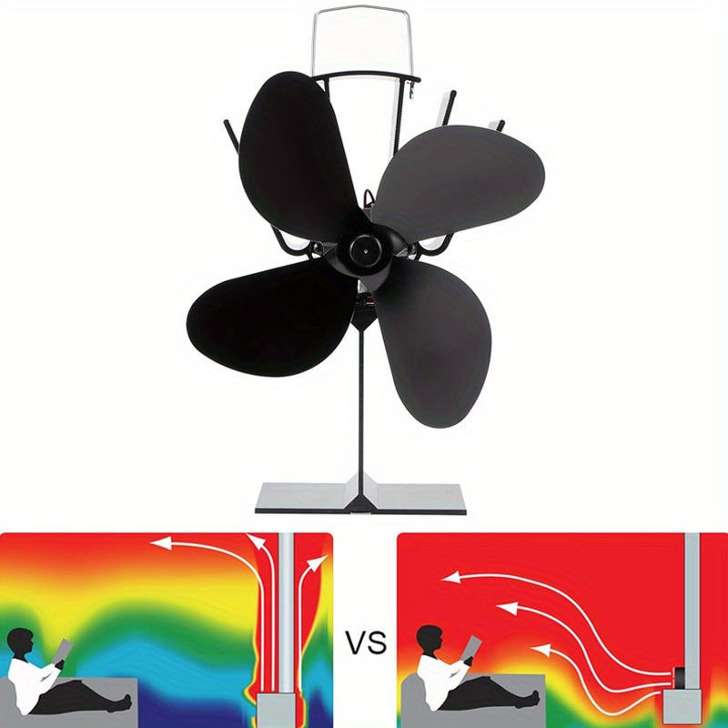 4-Blade Quiet Wood Stove Fan Portable Fireplace Log Burner Heat Powered