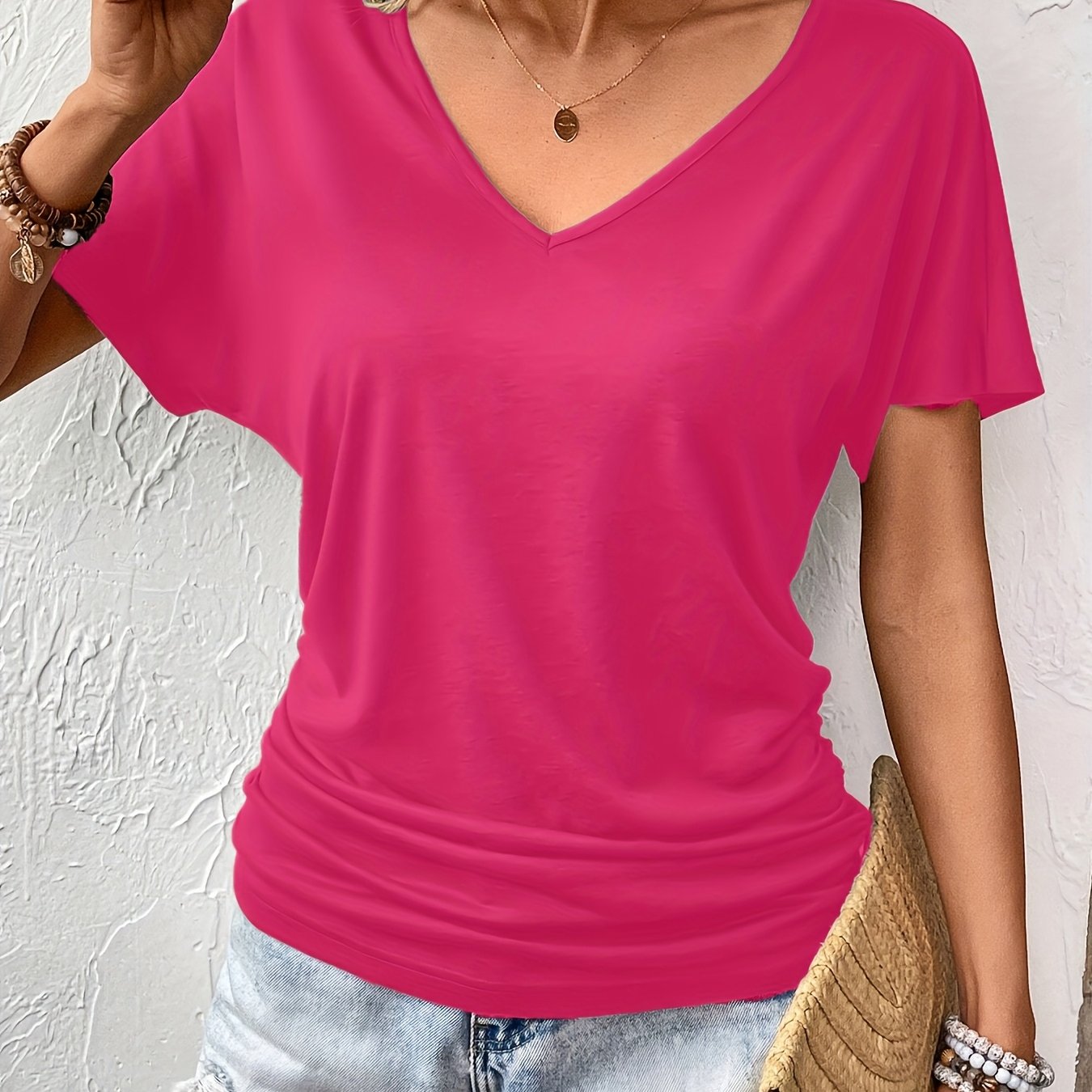 Women's V-Neck Short Sleeve Pleated T-Shirt Loose Fit Casual Spring Summer Plus Size