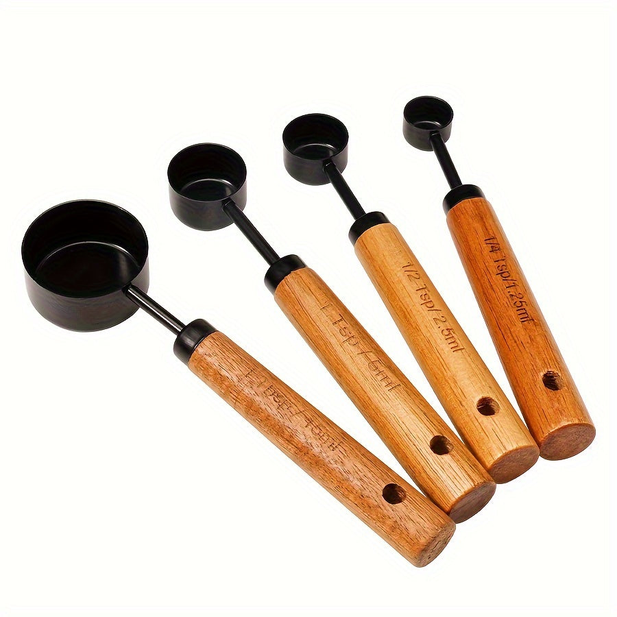 Set of 4 Stainless Steel Measuring Cups and Spoons with Wooden Handles