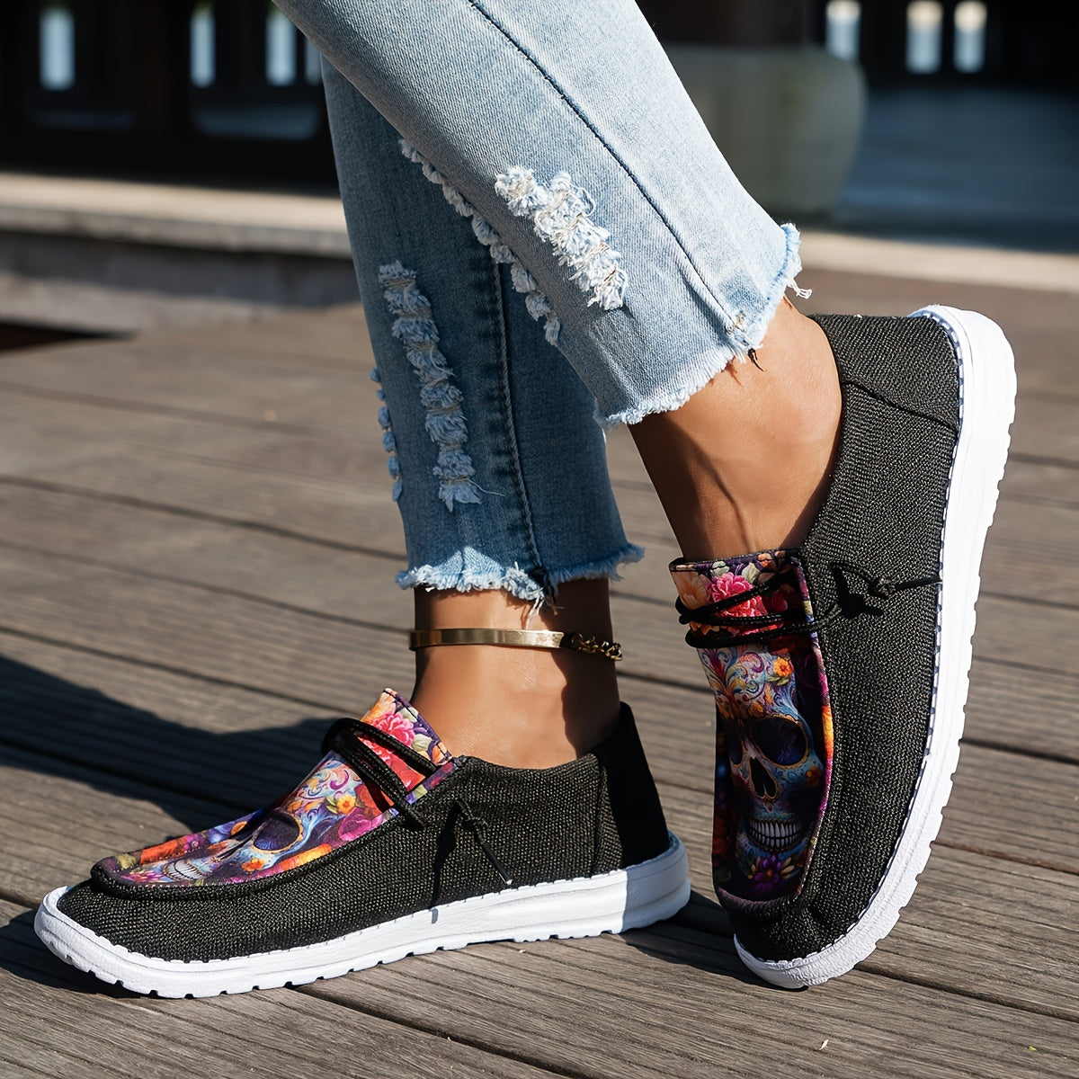 Women Black Loafers with Colorful Skull Design Breathable Non-Slip Slip-On
