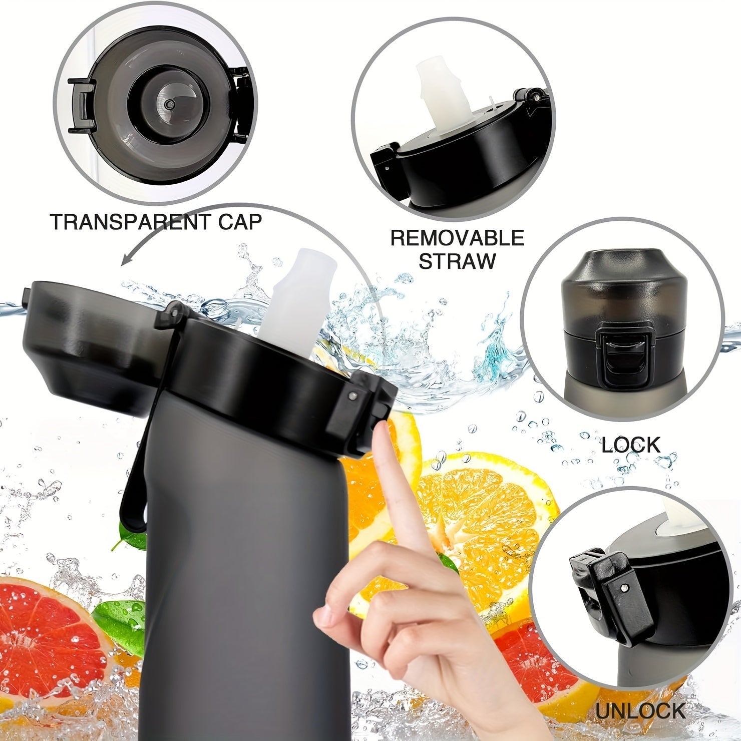 Juego de botellas de agua deportivas con 7 cápsulas con aroma frutal, pajilla, colores transparentes