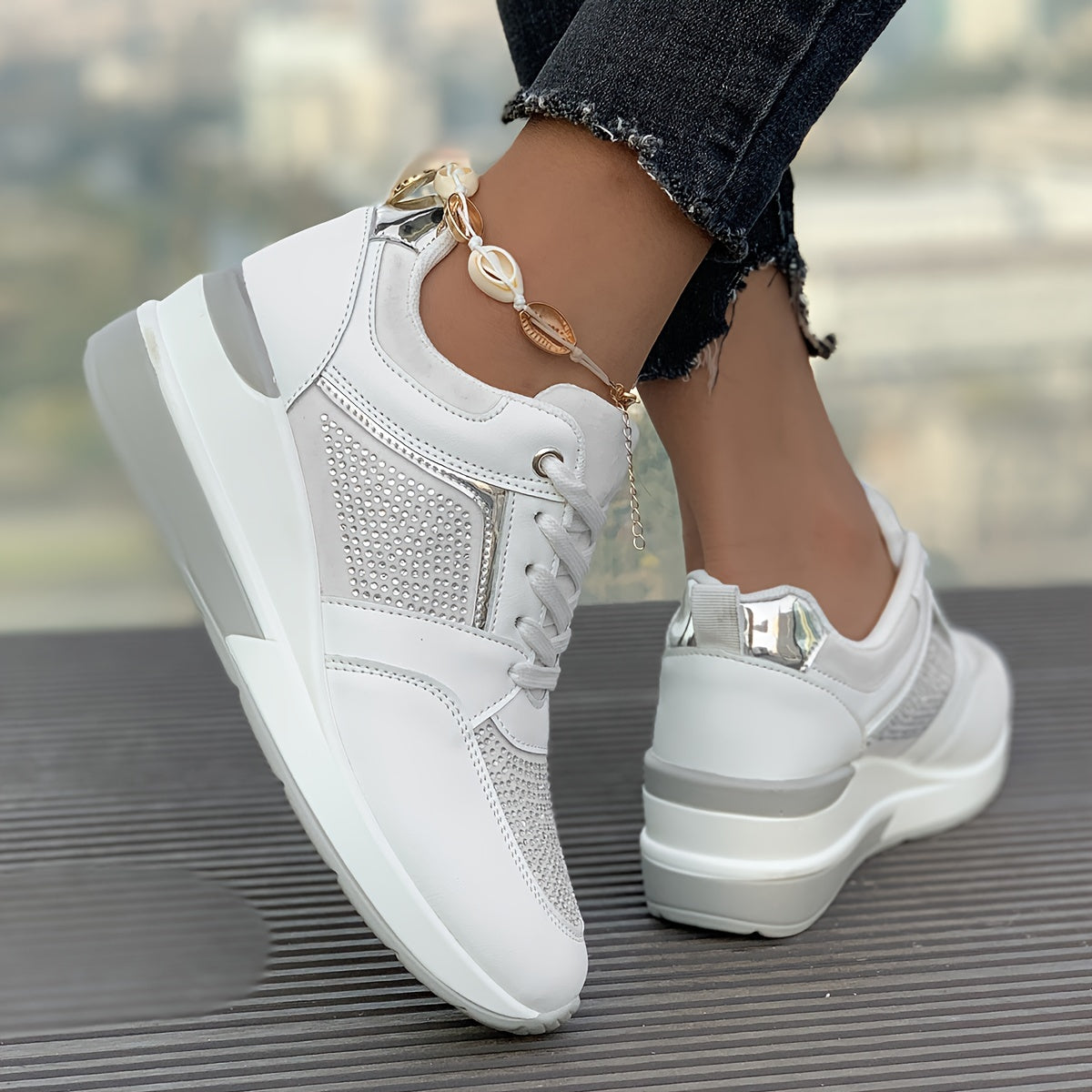 Women's Rhinestone Decor Athletic Shoes, Lace-Up Low Top Running Sneakers, Plus Size