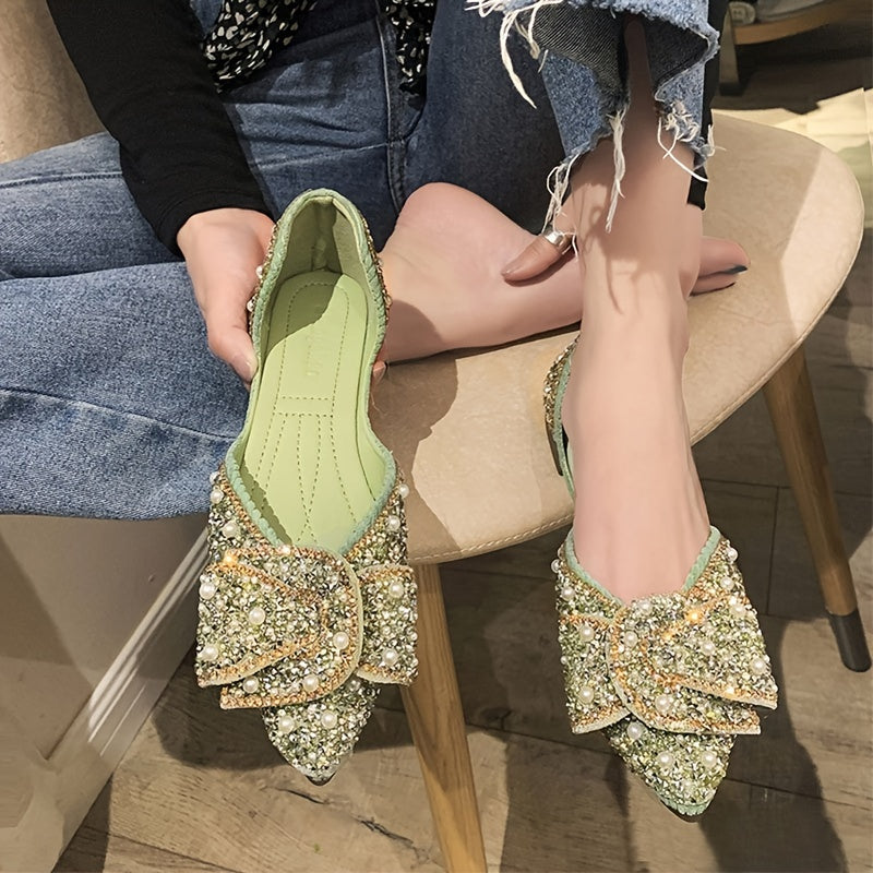 Women's Fabric Ballet Flats with Rhinestone Bow Pointed Toe Slip-On Casual Shoes