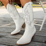 Женские белые вышитые западные сапоги до середины икры с заостренным носком, без шнурков, ковбойские