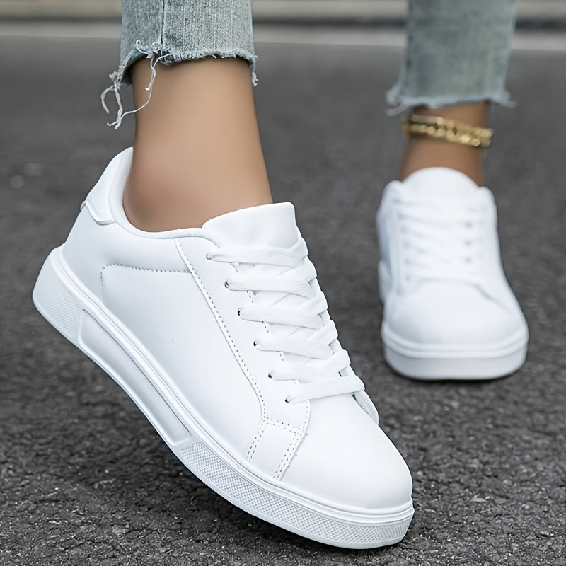 Women's White Lace-Up Sneakers Lightweight Casual All-Season Sports Shoes