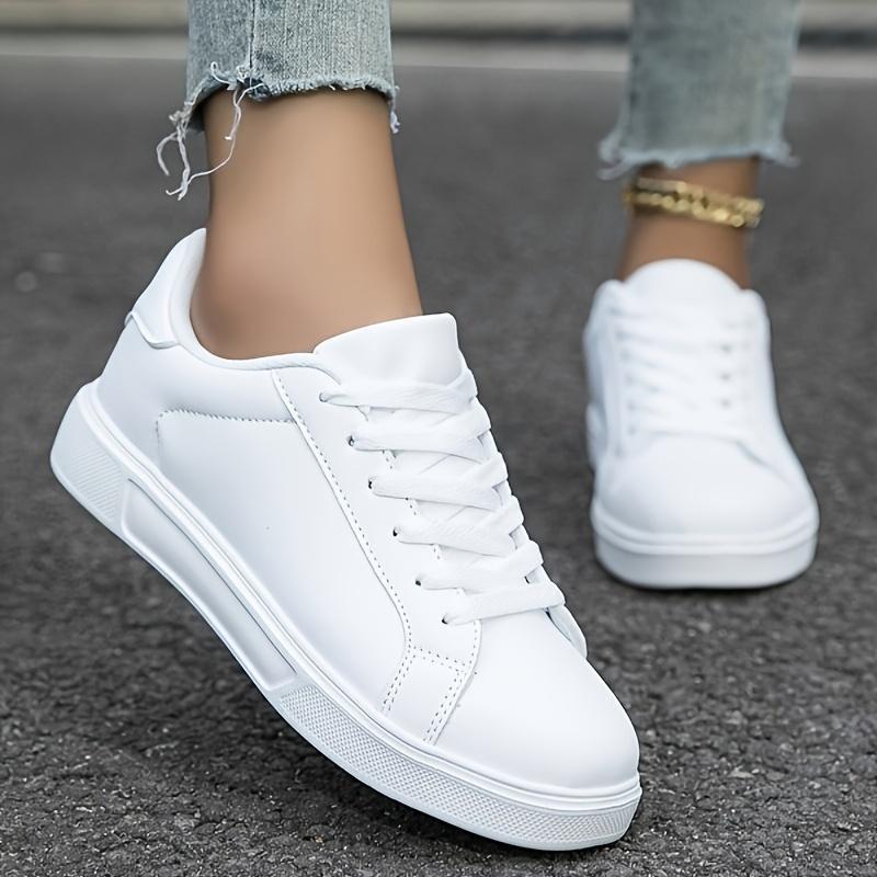 Women's White Lace-Up Sneakers Lightweight Casual All-Season Sports Shoes