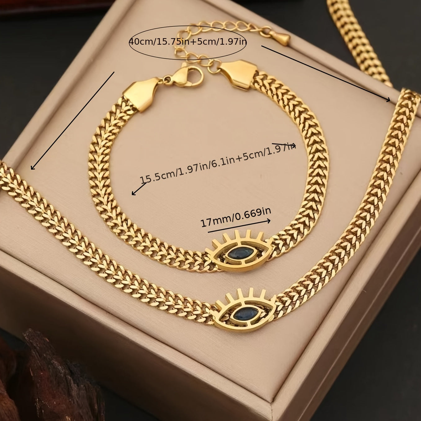 Golden Stainless Steel Retro Men’s Chain Necklace and Bracelet Set with Blue Eyes Design