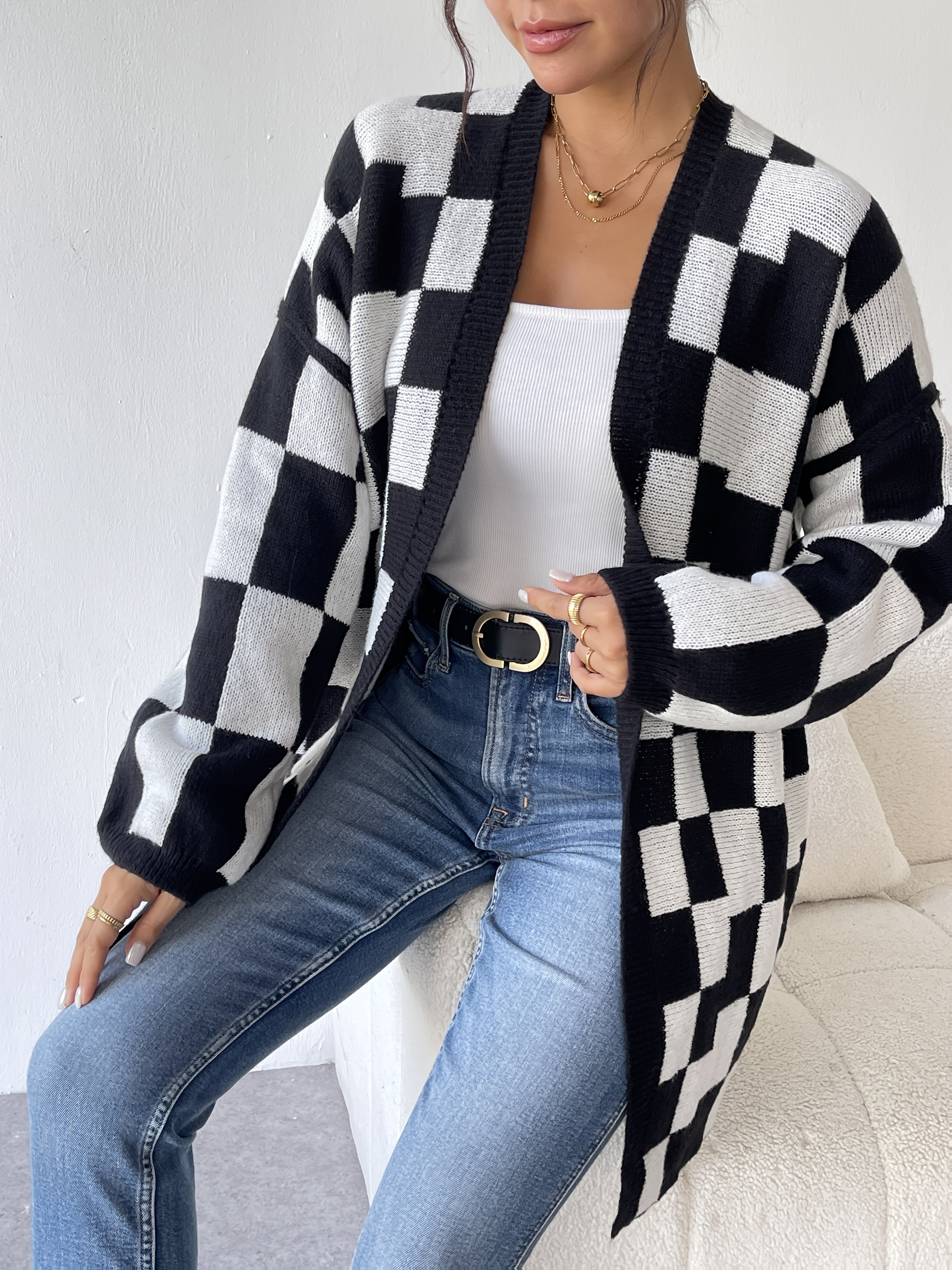 Women's Plus Size Black and White Checkered Open Front Cardigan Sweater