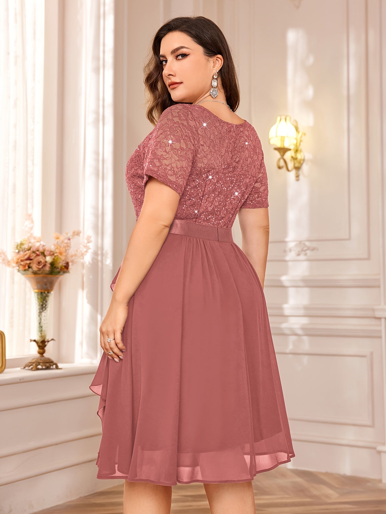 Women's Sequin Lace Chiffon V-Neck Cocktail Party Dress