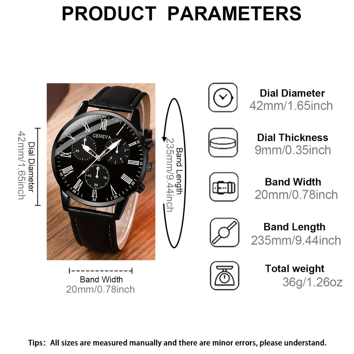 Men's Quartz Watch Set with Black Faux Leather Strap and Four Bracelets