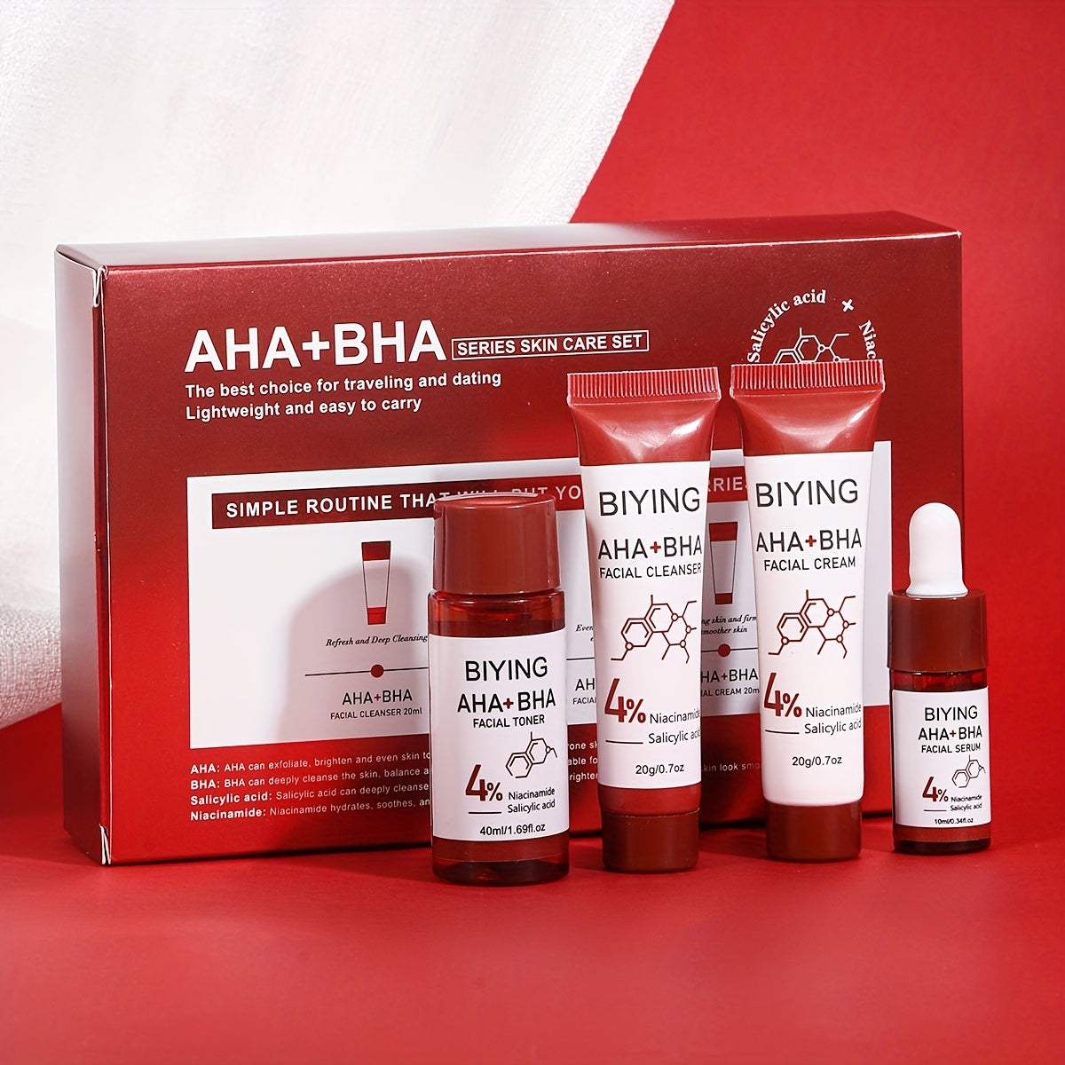 4-Piece Skincare Set for All Skin Types with AHA BHA Salicylic Acid and Niacinamide Deep Moisturizer and Toner