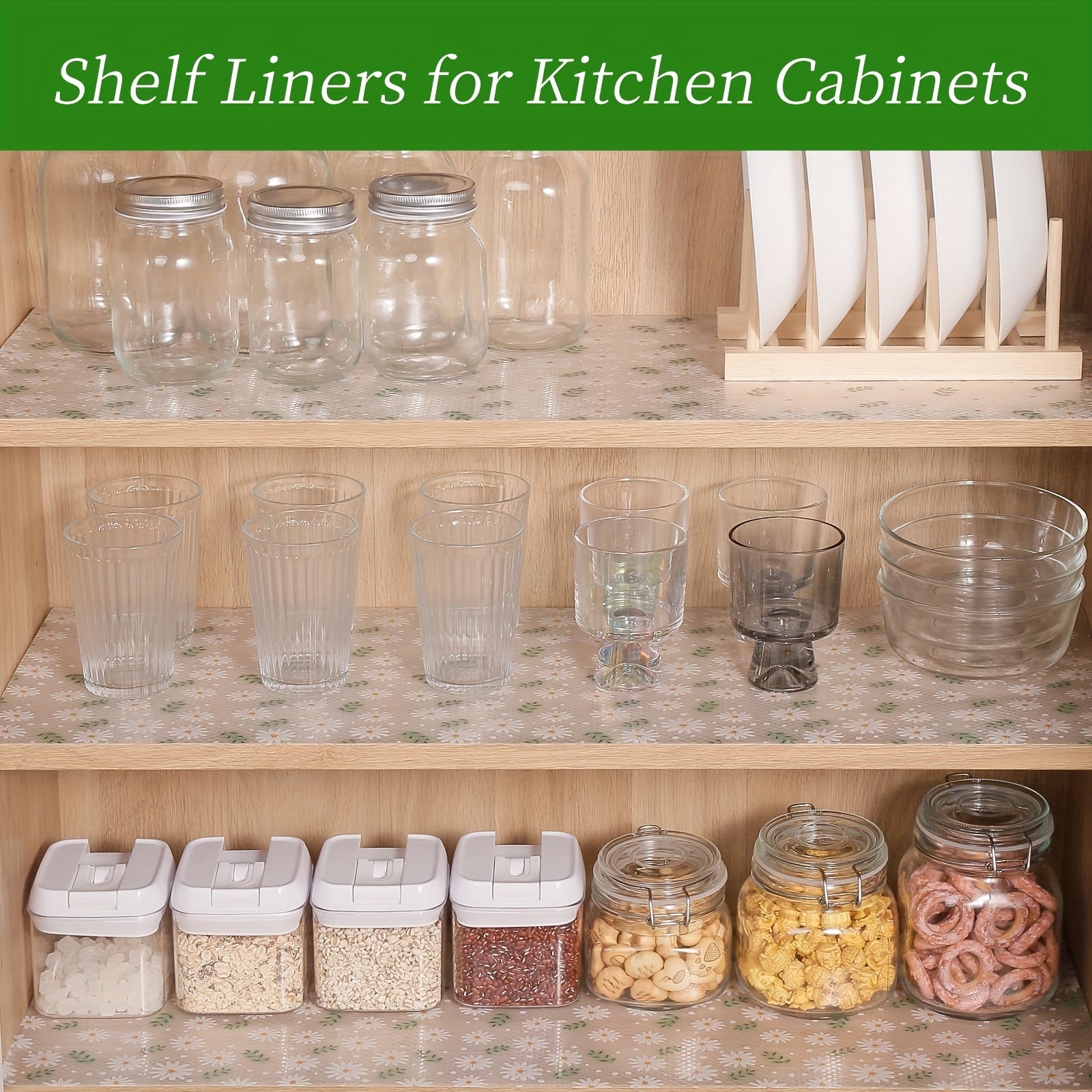 Floral Pattern Vinyl Shelf Liner Waterproof Non-Slip Cuttable EVA for Kitchen Cabinets Drawers